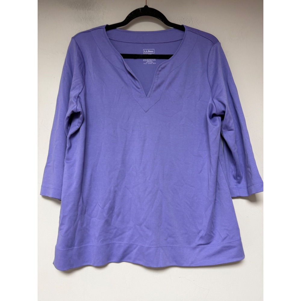 LL Bean Knit‎ Top Womens L-PET Purple Excellent Supima Cotton 3/4 Sleeve Notch